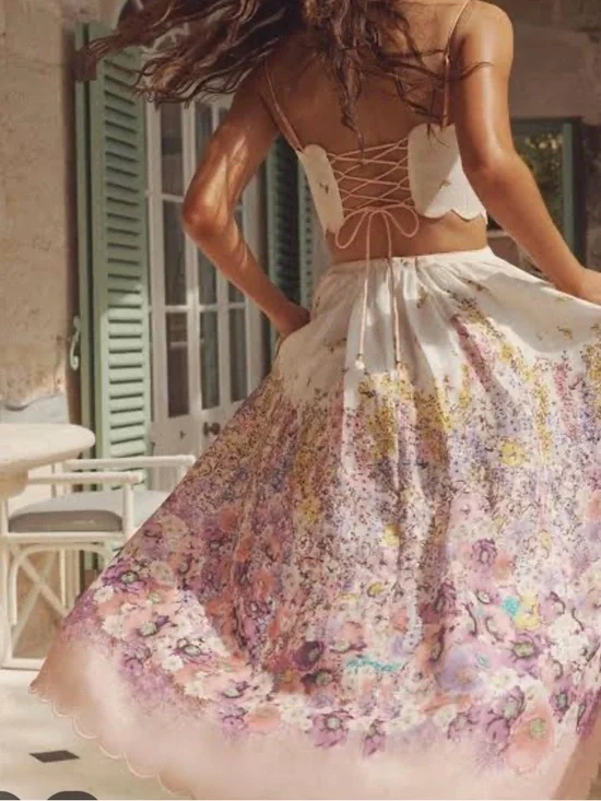 Zimmermann White Floral Scalloped Midi Dress with Pink & Yellow Accents - Picture 2 of 6